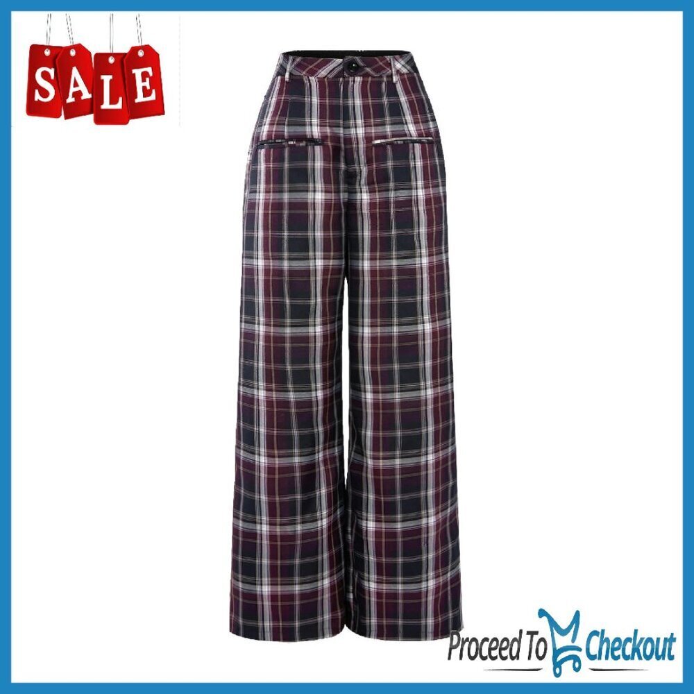 High Waist Plaid Wide Leg Pants Polyester Casual Trousers